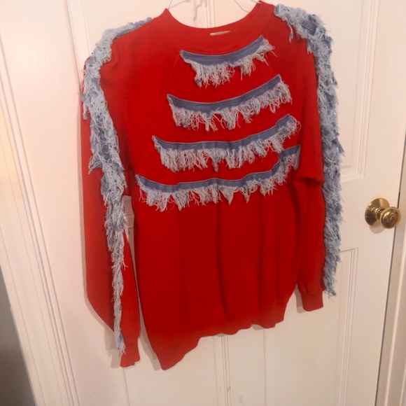 Handmade detailed Denim fringed sweatshirt Boho Western - Picture 2 of 7